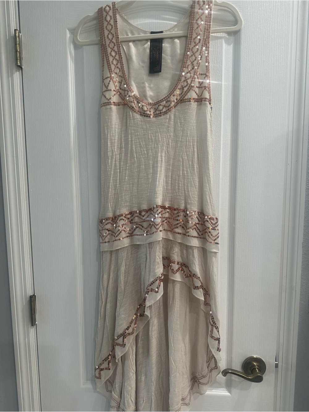 Free People Cream High-Low Dress with Rose Gold Sequin Trim